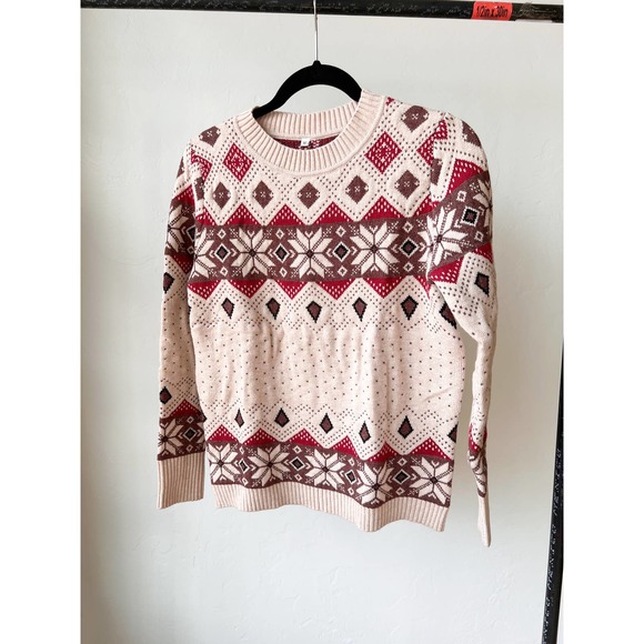 Amazon Sweaters - AMAZON Women's Tan/Red Snowflake/Diamond Fair Isle Crew Neck Winter Sweater sz M